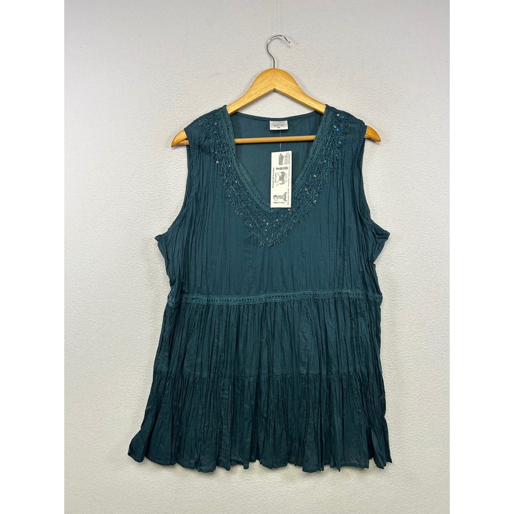 Boho Ethereal Greater Good Womens 3XL Teal Beaded Crinkle Cotton Tiered Tunic